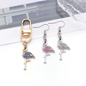 Rhinestone flamingo DIY jewelry accessories detail showing keychain and earrings pendants.