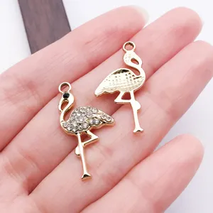 Gold flamingo charms rhinestone metal pendants DIY handmade jewelry making accessories detail
