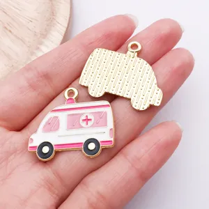 Pink ambulance enamel alloy charm DIY jewelry pendant for handmade keychains bracelets crafts