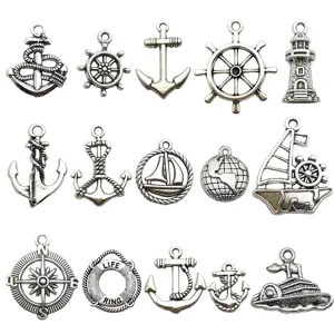 Vintage Zinc Alloy Nautical Charms Antique Silver Anchor Rudder Sailboat Pendants For DIY Jewelry Making Necklaces