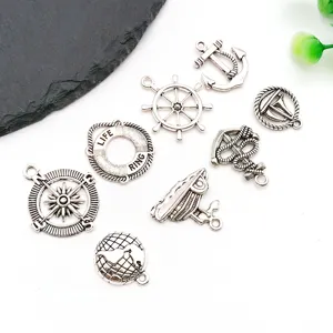 DIY antique silver nautical charms bulk, miniature anchor steering wheel globe jewelry pendants.