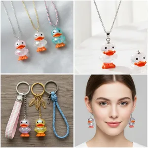 Cute 3D acrylic iridescent crystal duck pendant necklace keychain earrings fashion jewelry set