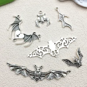 Vintage antique silver bat wing cross charms pendant DIY Halloween jewelry accessories set.