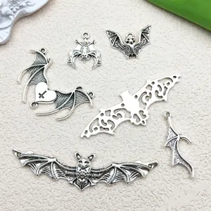 Vintage Antique Silver Halloween Hollow Bat Wings Cross Pendants DIY Alloy Jewelry Accessories