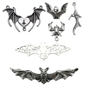 6 Styles Antique Silver Halloween Bat Wings Cross Pendants DIY Alloy Jewelry Making Charms