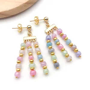 Handmade colorful beaded dangle earrings with gold-tone metal studs for women daily wear.
