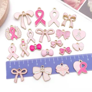 Pendentifs breloques nœud ruban cœur en émail rose en alliage pour bijoux DIY collier porte-clés
