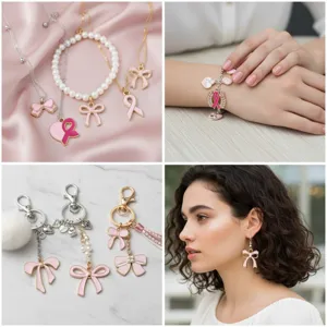 Vue détaillée des pendentifs nœuds roses DIY, bracelets à charms, colliers et porte-clés.