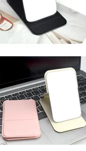 Portable folding makeup mirror detail shot, compact PU leather pocket mirror for desktop use.