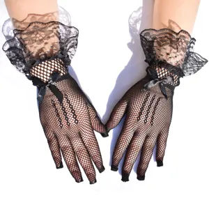 Black lace fishnet gloves with delicate ruffle cuffs and bows for bridal party and evening wear.
