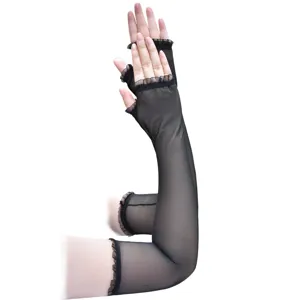 Detail view of black long mesh fingerless gloves, sheer sun protection arm sleeves.