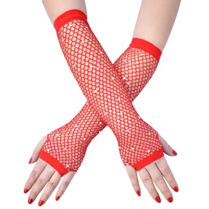 Rote Strass-Fischnetz-Lange Handschuhe fingerlose sexy Clubwear Party Kostüm Accessoires