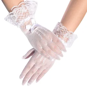 White lace fishnet gloves with bow detail for bridal wedding performance and party.