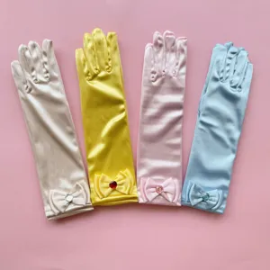Guantes largos de princesa en satén para niñas con lazos y strass para fiestas y baile.
