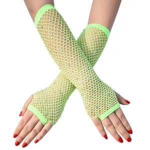 Neon grüne Netz Strass fingerlose lange Handschuhe Detail, glitzernder Kristall Netzärmel.