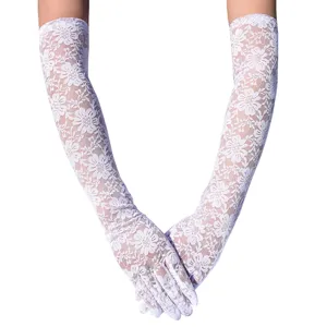 Damen 50cm lange weiße Spitzen Sonnenschutz Handschuhe, Blumenmuster für Hochzeit und Tanz.