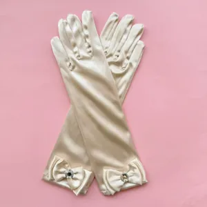 Guantes largos de satén para niños con lazos y estrás para vestido de princesa.