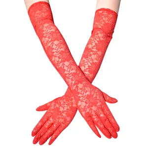 Damen rote lange Spitzenhandschuhe 50cm UV-Schutz Blumen Braut Tanz Performance Zubehör.