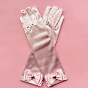 Guantes de satén rosa para niños disfraz de princesa lazo gema baile actuación