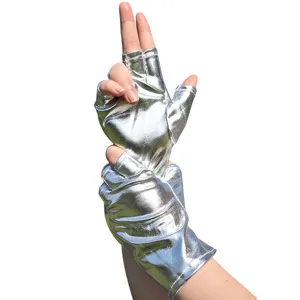 Guantes metálicos plateados sin dedos, guantes cortos brillantes de cosplay punk.