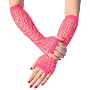 Rosa Strass Fischnetz Handschuhe, glitzernde lange fingerlose Netz-Handschuhe fuer Party.