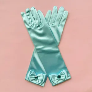 Guantes largos de satin para ninos con lazo y estrás, perfectos para fiesta de princesas.