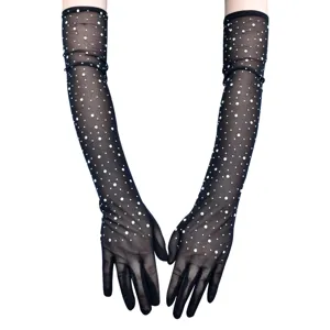 Lange schwarze Netz-Strass-Handschuhe für Damen, elegante Abendparty und Cosplay Opernkleidung.
