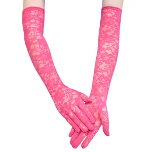 Damen lange Spitzenhandschuhe 50cm fuchsia Blumen UV Schutz für Braut und Party