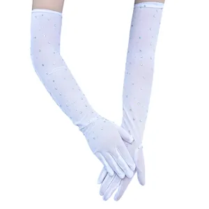Damen lange Netzhandschuhe mit Strass weiss abend party oper leistung handschuhe 55cm