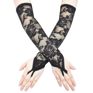 Damen Elegante Rose Spitze Fingerlose Handschuhe Sonnenschutz Lange Fäustlinge Für Hochzeit Braut Party Ball Kostüm Zubehör