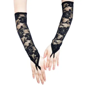 Elegante schwarze Spitzen-Fingerschutz-Handschuhe mit Rosenmuster für elegante Damen Partys.