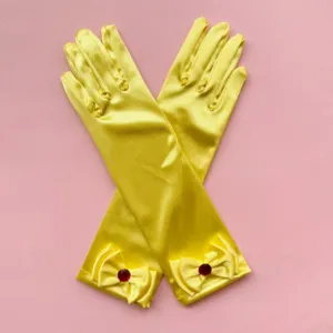 Guantes largos de satén amarillo para niños con lazo y gema roja para disfraz de princesa.