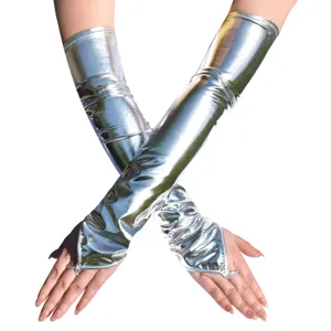 Lange zilveren metallische vingerloze handschoenen glanzend feest kostuum accessoire.