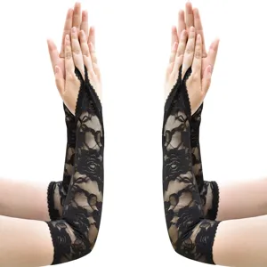 Detailansicht schwarze Damen Spitzen Handschuhe fingerlos lang mit Rosen Blumen Muster.