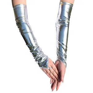 Lange zilveren metallische lakleren handschoenen voor dames feest Halloween kostuum