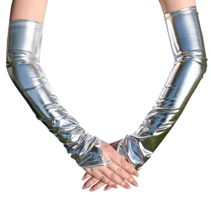 Glanzende metallische lange vingerloze handschoenen voor dames, perfect voor feestjes.