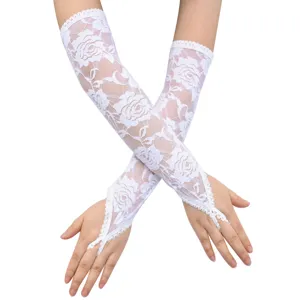 Weiße, fingerlose Spitzenhandschuhe mit Rosenmuster für Brauthochzeit, Party und Sonnenschutz.