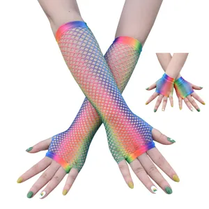 Women Rainbow Fishnet Gloves Elastic Mesh Fingerless Gloves For Masquerade Hip Hop Party Accessories Nylon Arm Sleeves