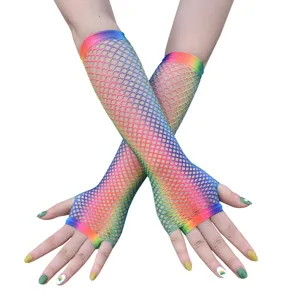 Colorful rainbow fishnet arm warmers detail view, stretchy mesh fingerless gloves for party costume.