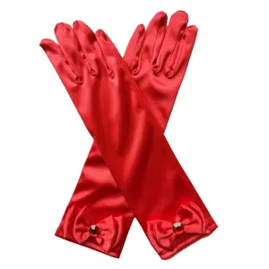 Guantes largos de satén rojo para niños con lazo y estrás para baile de princesa.