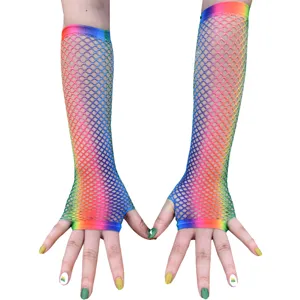 Rainbow fishnet gloves stretchy mesh long arm warmers colorful party hip hop fashion
