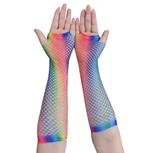 Rainbow fishnet gloves colorful mesh arm warmers for party hip hop dance costume details