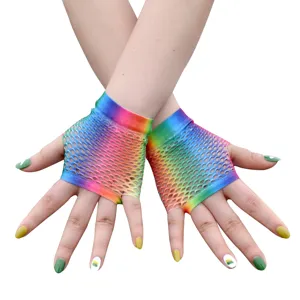 Close-up detail view of colorful rainbow fishnet gloves showing elastic mesh fabric texture.