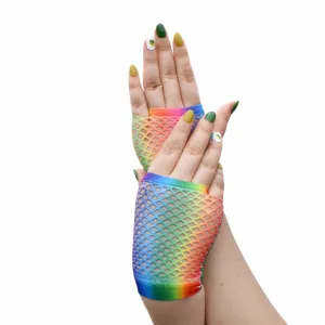 Rainbow fishnet gloves fingerless mesh short gloves colorful party costume hip hop style