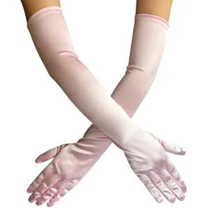 Lange rosa Satinhandschuhe für Brauthochzeit, Halloween-Cosplay und 1920er Vintage-Party.