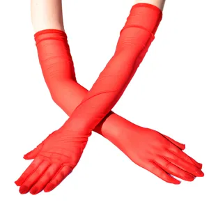 55cm guanti lunghi in tulle rosso donna elastici trasparenti sera protezione solare chic