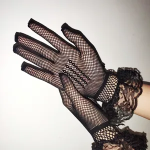 Black fishnet lace gloves detail view, showing the fine mesh pattern and ruffled cuffs.