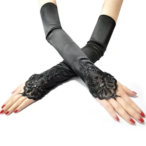 1920er Vintage schwarze Satin lange fingerlose Handschuhe mit edler Perlenstickerei.