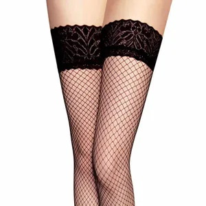 Detailed view of black lace top fishnet thigh-high stockings, showcasing sexy mesh pattern.