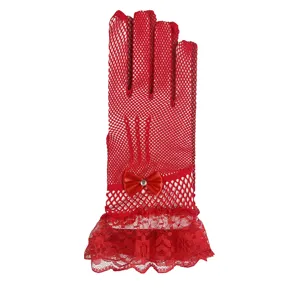 Courts gants en dentelle filet rouge avec noeud strass pour mariage soiree costume.